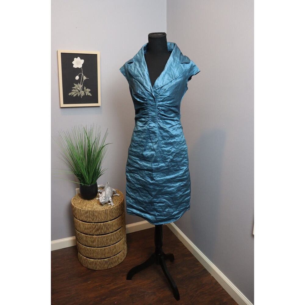 Searle Women's Dress Size 4‎ Teal Metallic Solid Sheath Knee Length Cap Sleeve